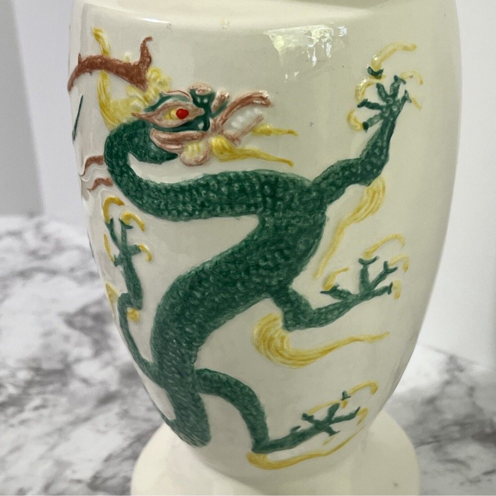 VINTAGE Ming Dragon Lidded Ceramic Vase Apothecary Pot Asian White and Green - Picture 5 of 16